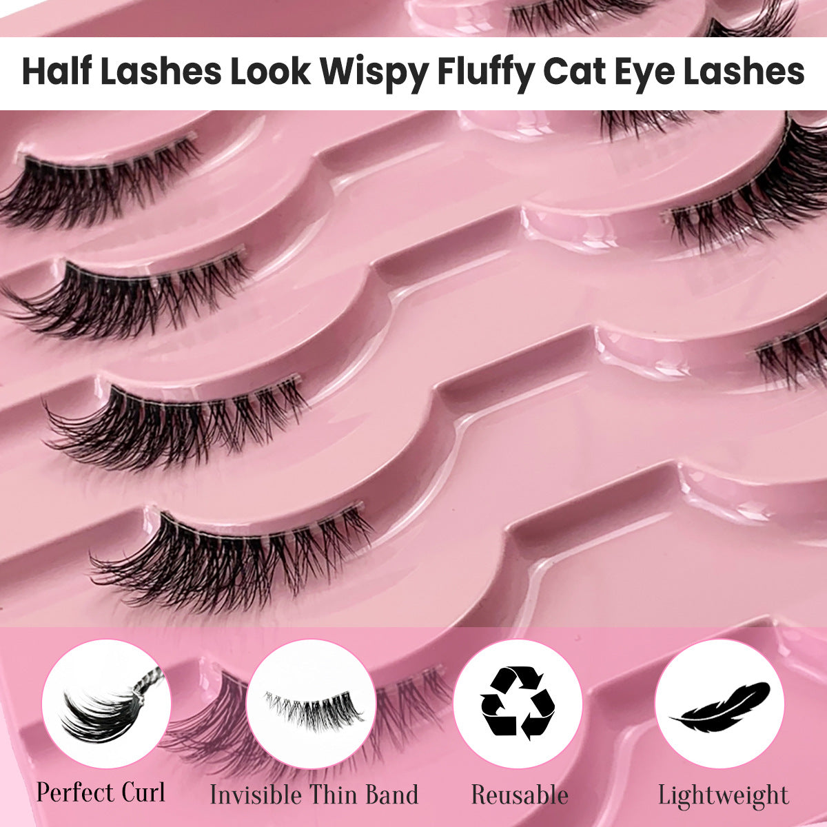 10 Pairs Half Lashes – Clear Band, Cat-Eye Faux Mink for Natural Lift