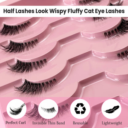 10 Pairs Half Lashes – Clear Band, Cat-Eye Faux Mink for Natural Lift